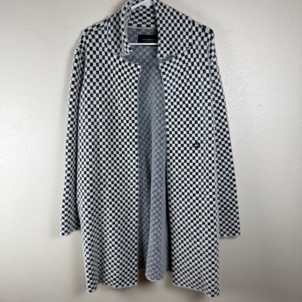 Liverpool Los Angeles Black White Check Fuzzy Cardigan Sweater Large